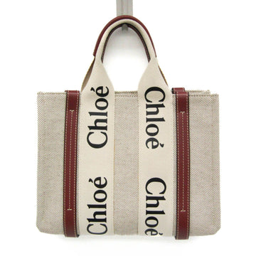 Chloe Woody Small Women's Cotton Canvas,Leather Handbag Brown,Off-white