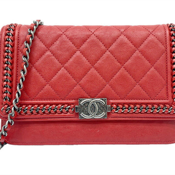 CHANEL Boy  Chain Wallet Shoulder Bag Red S Hardware Lambskin Ladies