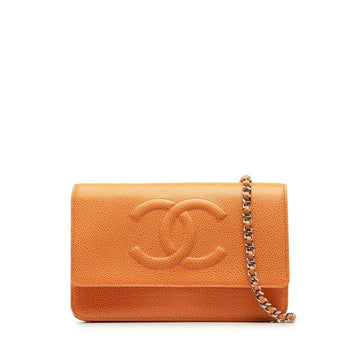 CHANEL Coco Mark Chain Wallet Shoulder Bag Orange Silver Caviar Skin Women's