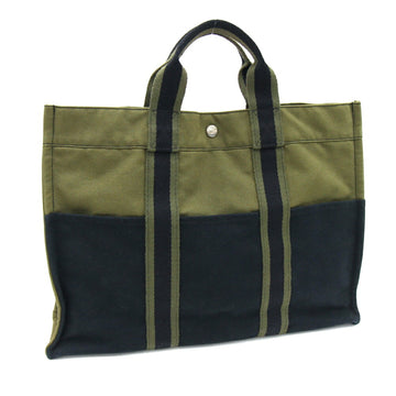 HERMES Handbag Foult Tote MM Olive Navy Cotton Canvas Men's Women's Bag Green