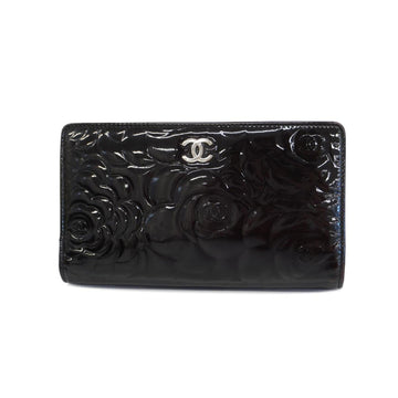 CHANEL Long Wallet Camellia Patent Leather Black Women's