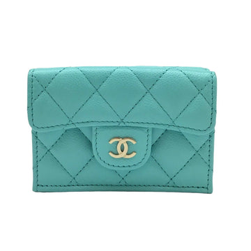 CHANEL Compact Wallet Small Tri-fold AP0230 SLG Leather Goods Caviar Skin Light Blue Turquoise Women's