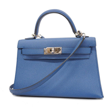 HERMES Handbag Kelly X Engraved Vaux Epson Blue Agate Women's