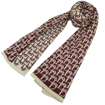 CHRISTIAN DIORCHRISITIAN DIOR  Muffler Trotter Pattern Wine Red Bordeaux Ivory Reversible 100% Wool Jacquard Ladies