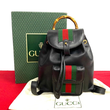 GUCCI Old  Sherry Line Bamboo Leather Rucksack Backpack Day Bag Black 69150
