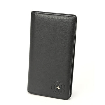 CHANEL Camellia Bi-fold Long Wallet 6511 Leather Black 69949