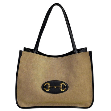 GUCCI Horsebit metal fittings canvas leather tote bag handbag beige black 15948