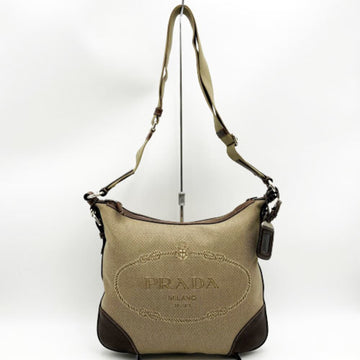 PRADA shoulder bag beige brown canvas x leather women's