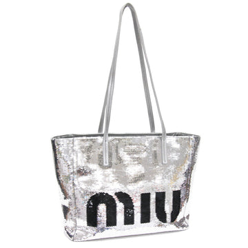 MIU MIU Miu Tote Bag 5BG147 Silver Black Sequin Leather Shopper Women's MIUMIU
