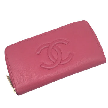 CHANEL Round Pink Coco Mark CC Logo Champagne Gold Zippy Wallet Long Leather Goods SLG Women's