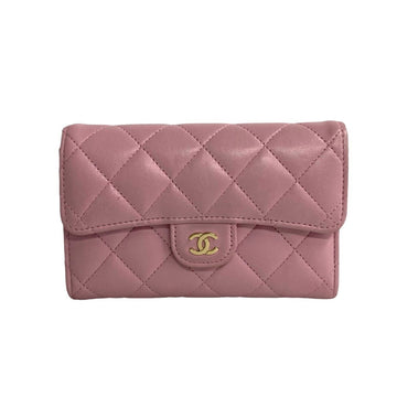 CHANEL Matelasse Lambskin Leather Bi-fold Wallet Pink 25648