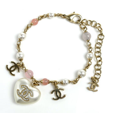 CHANEL Coco Mark Heart Motif Fake Pearl Rhinestone Bracelet AB7003 10.7g 17-23cm Women's