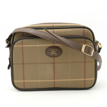 BURBERRYs Checked Shoulder Bag Pochette Canvas Leather Khaki Brown