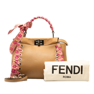 FENDI Peekaboo Ribbon Handbag Shoulder Bag 8BN244 Beige Pink Leather Women's