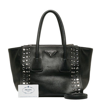 PRADA Triangle Plate Diamond Studded Handbag Shoulder Bag B2625O Black Leather Women's