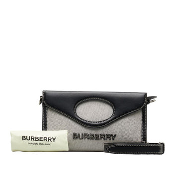 BURBERRY Horseferry Handbag Shoulder Bag Grey Black Cotton Canvas Leather Women's