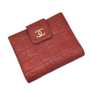 CHANEL Icon Line Bifold Wallet Compact Leather A24212 Red G Hardware Small Goods Accessory Camellia No5 Ladies