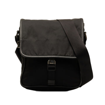 PRADA Triangle Plate Saffiano Shoulder Bag Black Nylon Leather Women's