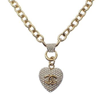 CHANEL Heart Motif Necklace for Women, Rhinestone, Metal, Coco Mark, B20S