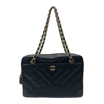 CHANEL Shoulder Bag V Stitch Caviar Leather/Metal Black/Gold Women's z0485