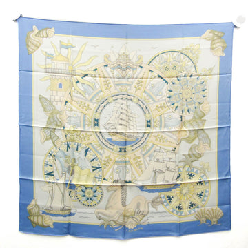 HERMES Carre 90 L AIR MARIN Women's Silk Scarf Blue,Multi-color,Yellow