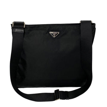 PRADA Triangle metal fittings Nylon Leather Shoulder bag Sacoche Pochette Black 81304