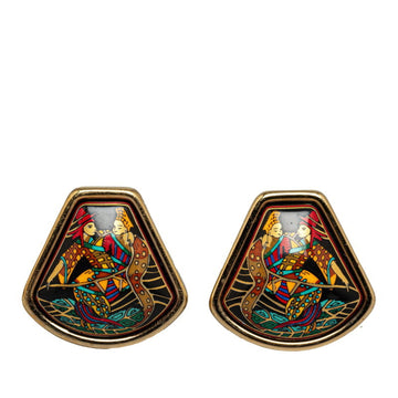 HERMES enamel cloisonne fan-shaped Chinese earrings gold multi-color plated for women