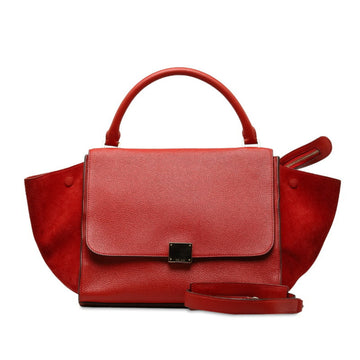 CELINE Trapace Handbag Shoulder Bag Red Leather Suede Women's