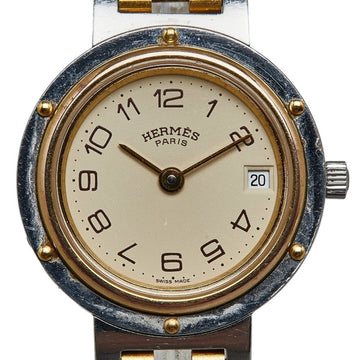 HERMES Clipper Watch CL4.220 Quartz Ivory Dial Stainless Steel Plated Ladies