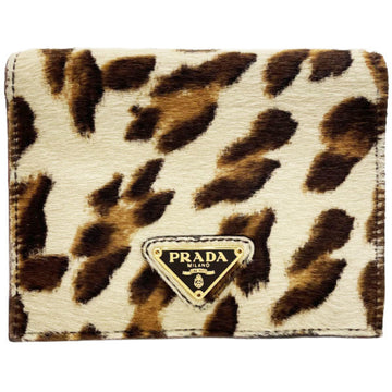 PRADA Wallet Triangle Bifold Harako Leather Brown Light Beige  Plate Leopard Print Animal Compact NN-13055