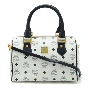 MCM Glam Boston Handbag Shoulder Bag PVC Leather White Navy
