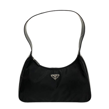 PRADA Triangle metal fittings Leather Nylon One Semi Shoulder Bag Handbag Black 12159