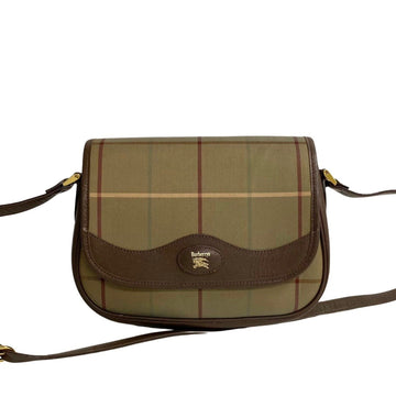 BURBERRYs Check Leather Canvas Shoulder Bag Pochette Khaki Brown 52163