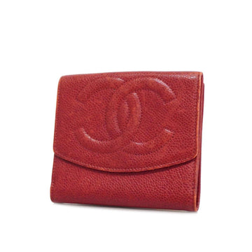 CHANEL Tri-fold Wallet Caviar Skin Red Women's