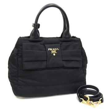 PRADA Handbag 1BG005 Black Nylon Leather Shoulder Bag Ribbon Women's