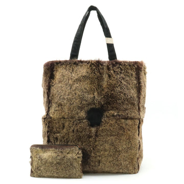 CHANEL Lapin Rabbit Fur Coco Mark Tote Bag Suede Brown Black