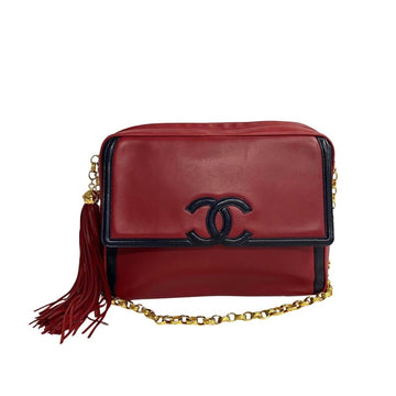 CHANEL Coco Mark Lambskin Leather Tassel Chain Shoulder Bag Red 16408