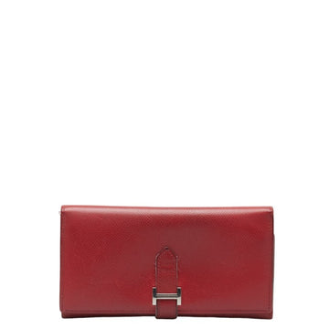 HERMES Bearn Soufflet Long Wallet Tri-fold Rouge Red Leather Women's