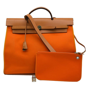 HERMES Airbag Zip MM Shoulder Bag Handbag 2way Toile Officier Leather Orange