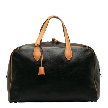 HERMES Victoria Boston Bag Travel Black Brown Leather Women's