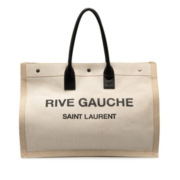 SAINT LAURENT Rive Gauche Large Handbag Tote Bag Beige Canvas Leather Women's