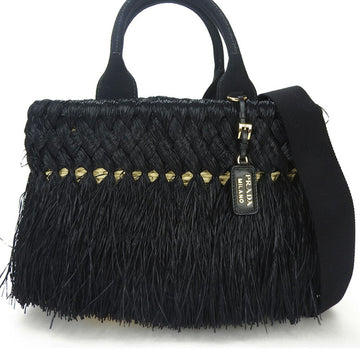 PRADA 1BG089 Handbag Shoulder Raffia Women's Black Strap Hand Bag Paglia Rafia NERO Gold