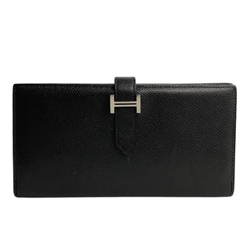 HERMES Beance Souffle Metal Fittings Vaux Epson Leather Bifold Long Wallet Black 29284