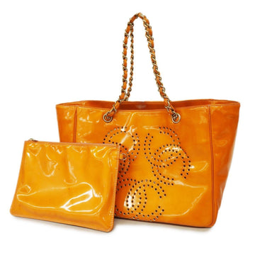CHANEL tote bag triple coco punching patent leather orange ladies