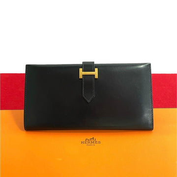 HERMES Bearn metal fittings calf leather bi-fold long wallet business card holder case black 26826