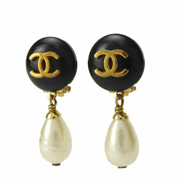 CHANEL Earrings Coco Mark 96A Black Gold Fake Pearl Swing Plated Accessories Women's black