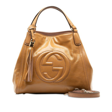 GUCCI Soho Interlocking G Tassel Handbag Shoulder Bag 2WAY 336751 Brown Patent Leather Women's
