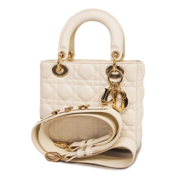 CHRISTIAN DIOR Handbag Cannage Lady Leather White Champagne Women's