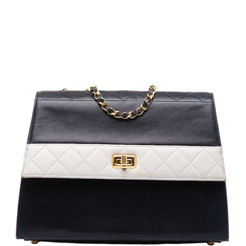 CHANEL Matelasse Two-tone Chain Shoulder Bag Navy White Gold Leather Women's