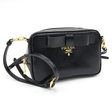 PRADA Shoulder Bag 1N1674 Black Leather Pochette Ribbon Pouch Ladies